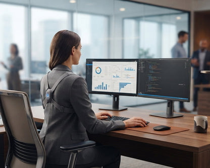 A woman in a gray blazer sits at a wooden desk in a modern office, using a dual-monitor computer setup. The background shows a blurred business office environment with glass walls and colleagues.