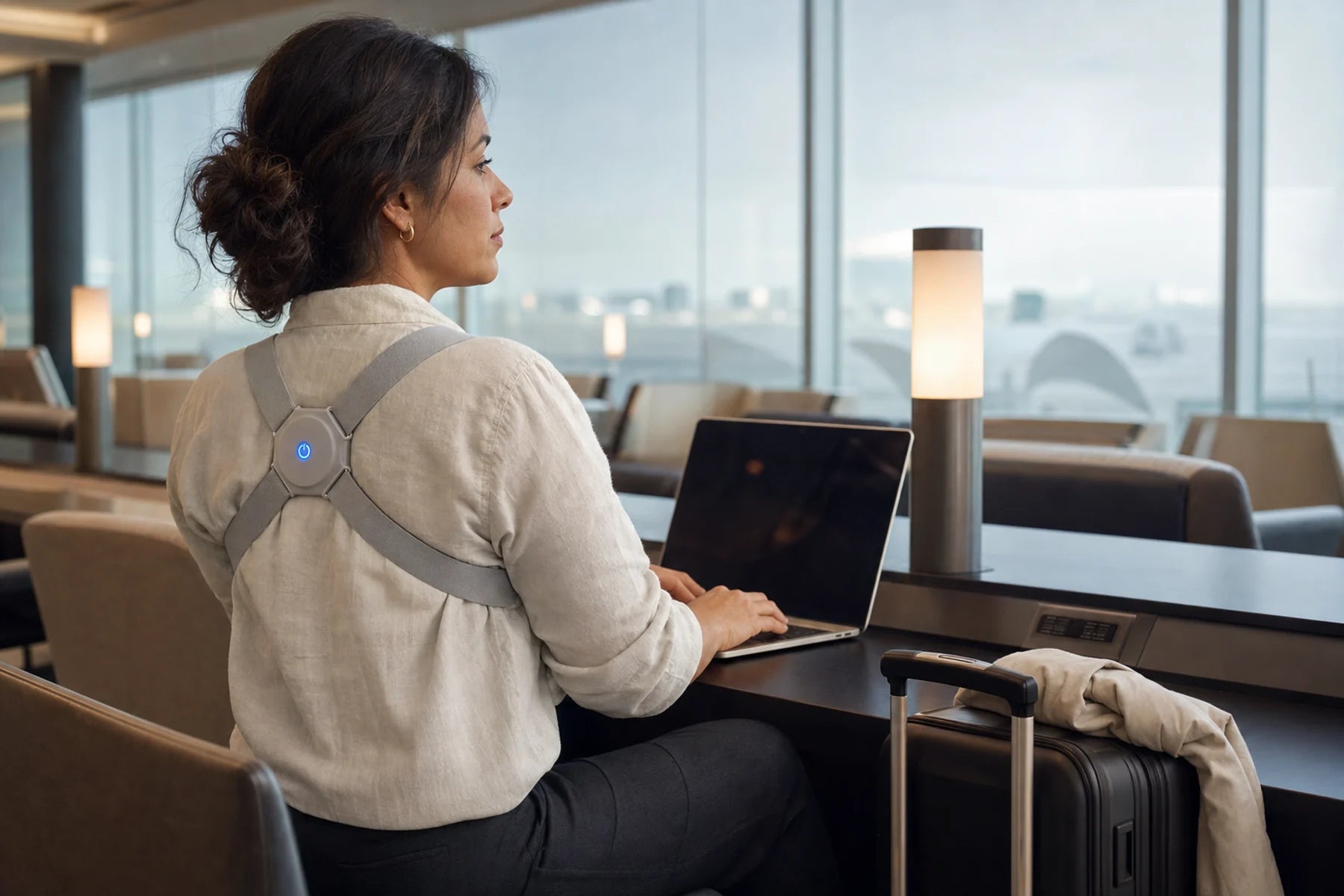 Traveler working from an airport lounge while wearing AlignNova