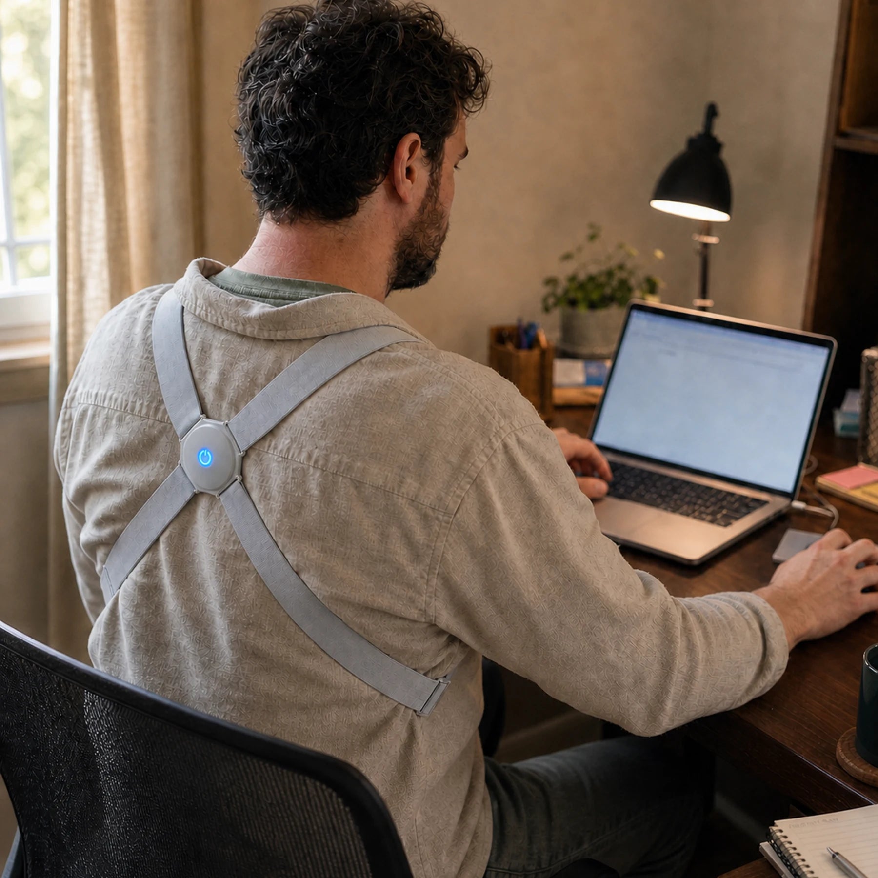 Remote worker wearing AlignNova correctly at a warm home-office desk