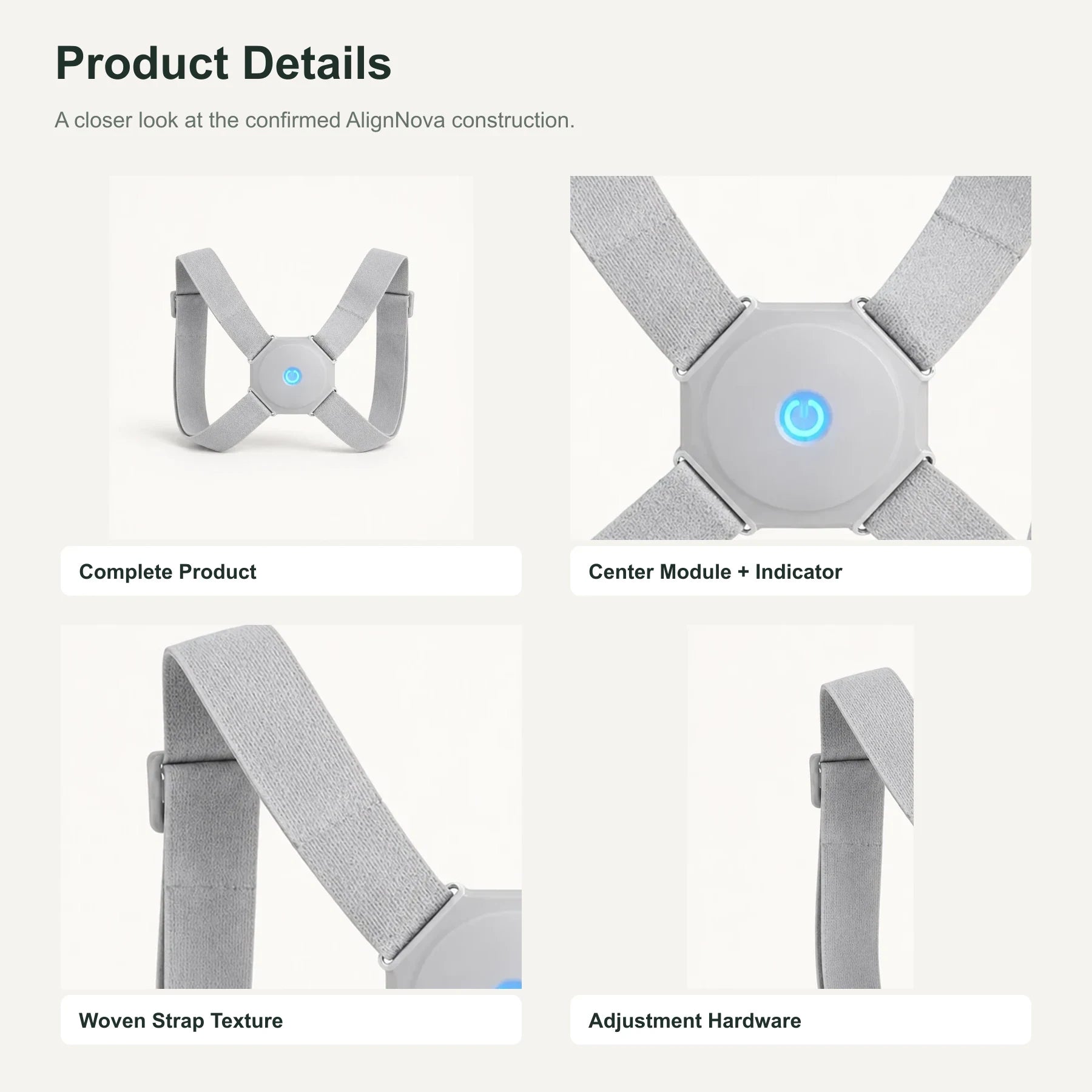 Close-up details of the AlignNova center module, straps, and adjustment hardware