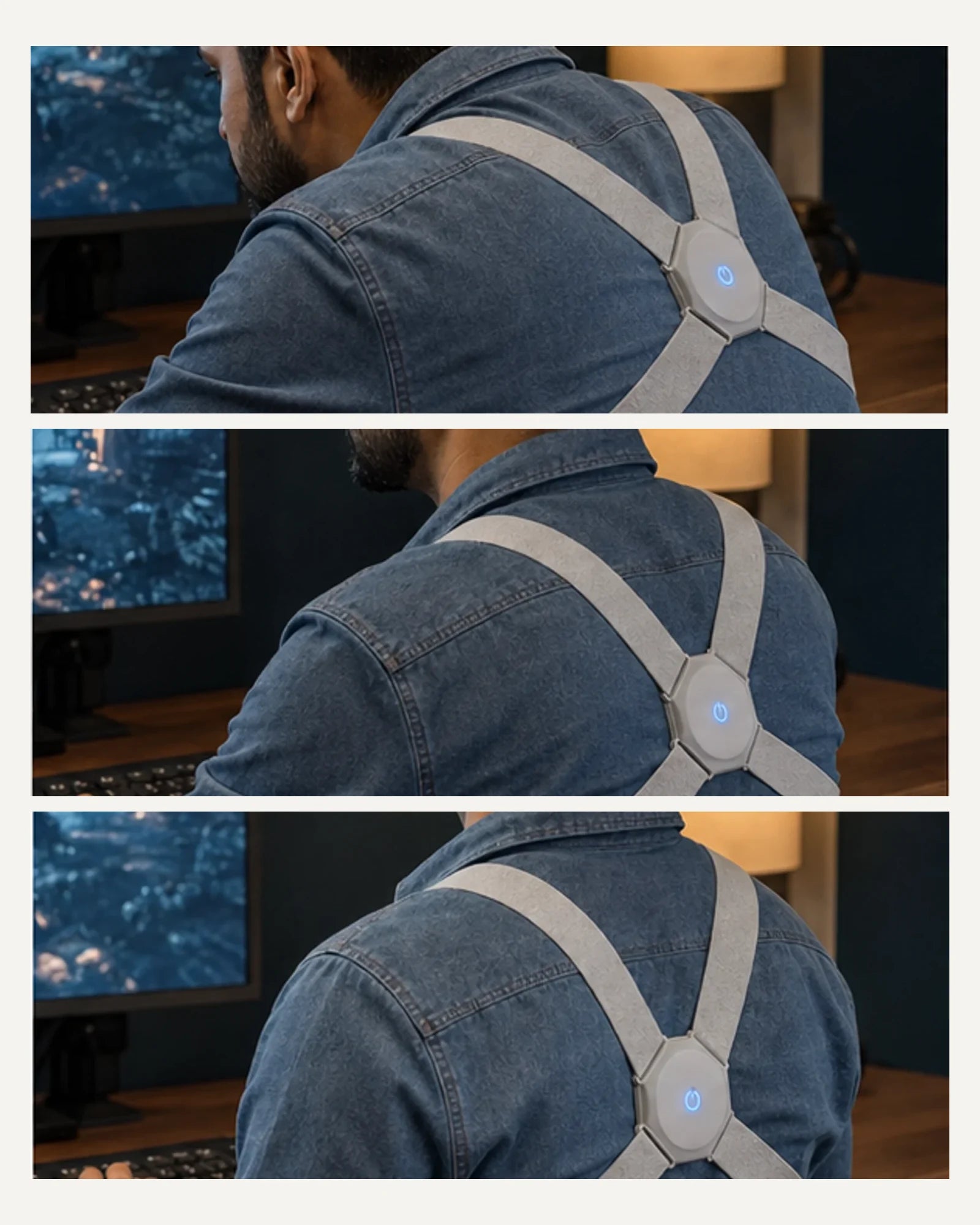 Three-panel demonstration of posture changing, a gentle reminder, and a natural position reset