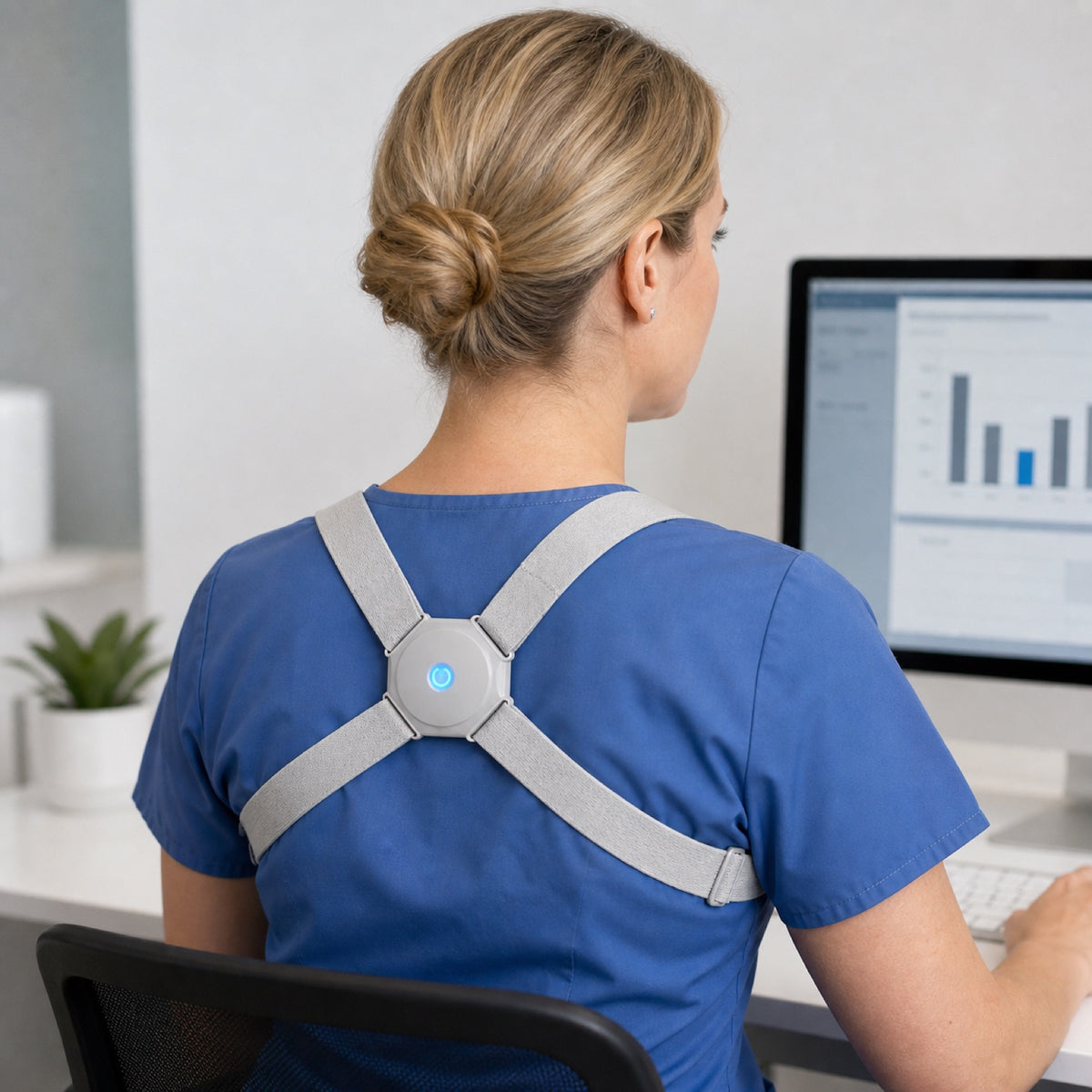 Nurse working at a clinical workstation while wearing AlignNova naturally over her scrubs