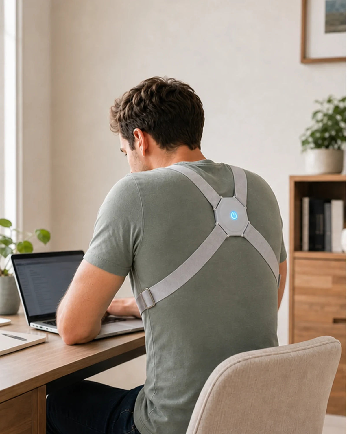 Desk worker beginning to lean forward while focused