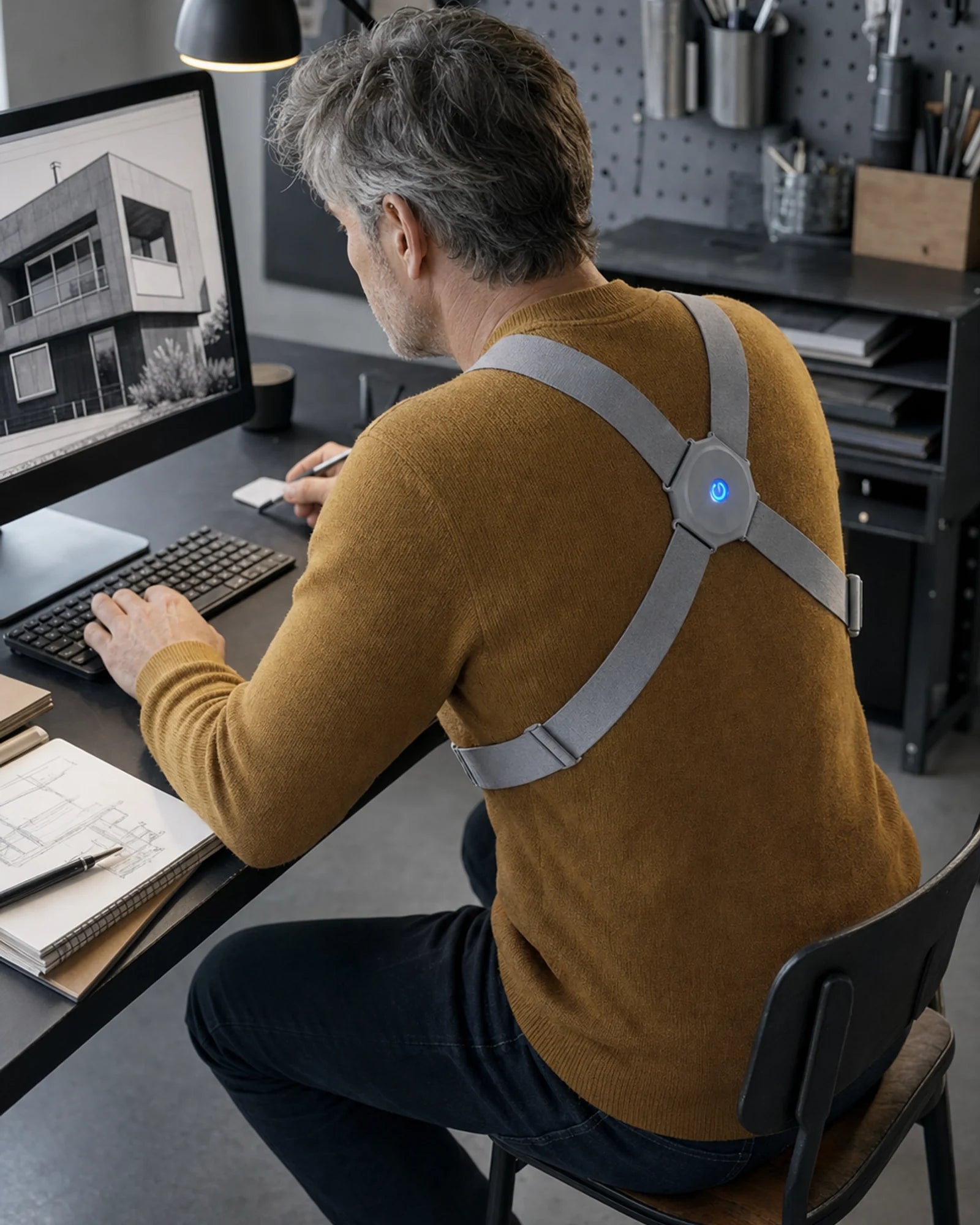 Creative professional noticing his posture drifting forward while wearing AlignNova